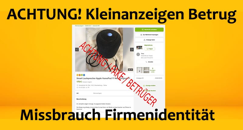 Missbrauch Firmenidentität bei ebay Kleinanzeigen