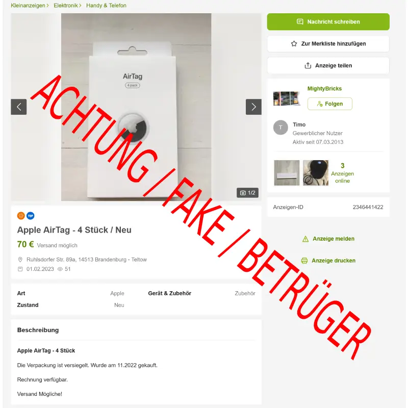 Missbrauch Firmenidentität bei ebay Kleinanzeigen