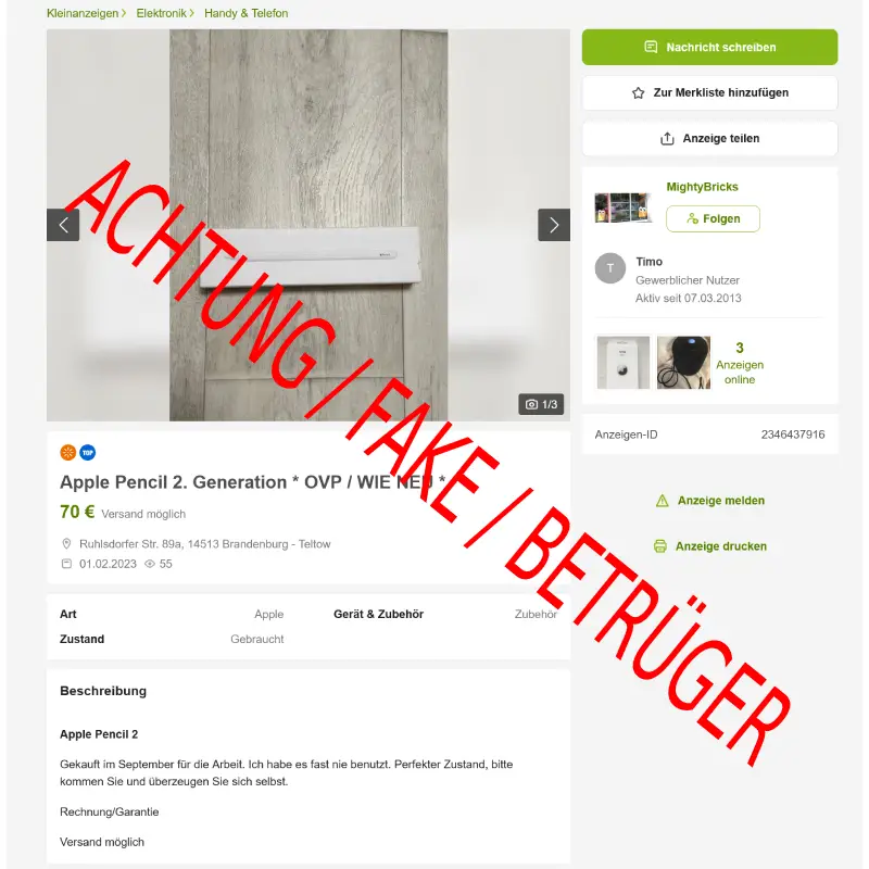 Missbrauch Firmenidentität bei ebay Kleinanzeigen