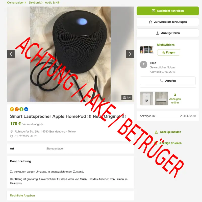 Missbrauch Firmenidentität bei ebay Kleinanzeigen