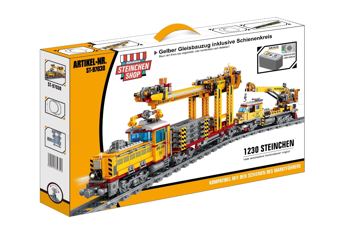 Steinchenshop ST-97030 Gelber Gleisbauzug inkl. Schienenkreis (elektrischer Antrieb) Gelber Gleisbauzug inkl. Schienenkreis (elektrischer Antrieb)