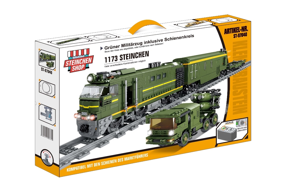 Steinchenshop ST-97040 Grüner Militärzug inkl. Schienenkreis (elektrischer Antrieb) Grüner Militärzug inkl. Schienenkreis (elektrischer Antrieb)