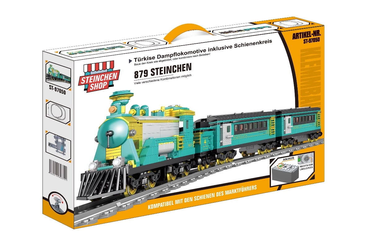 Steinchenshop ST-97050 Türkise Dampflokomotive inkl. Schienenkreis (elektrischer Antrieb) Türkise Dampflokomotive inkl. Schienenkreis (elektrischer Antrieb)