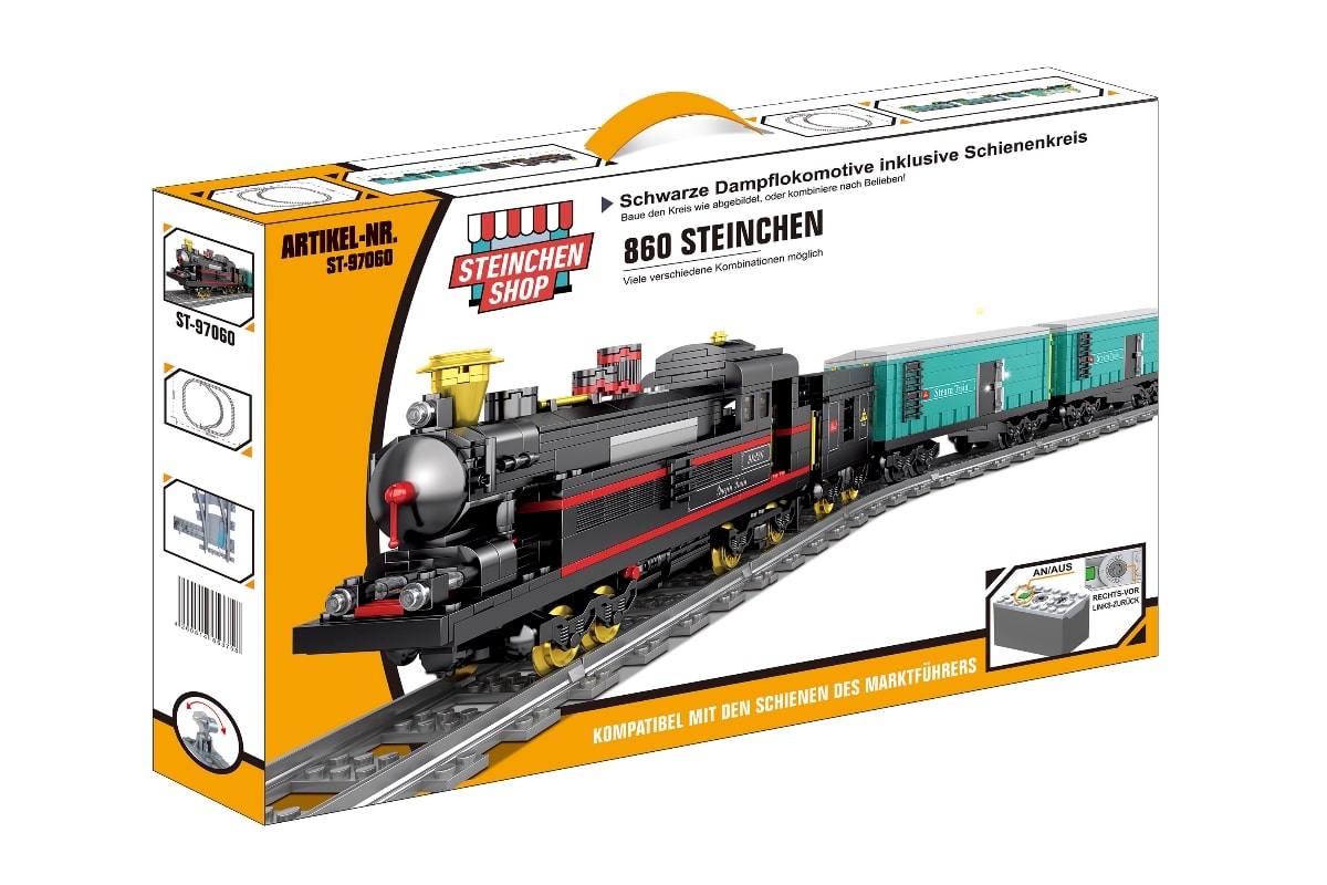 Steinchenshop ST-97060 Schwarze Dampflokomotive inkl. Schienenkreis (elektrischer Antrieb) Schwarze Dampflokomotive inkl. Schienenkreis (elektrischer Antrieb)